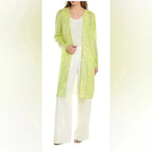 Anne Klein NWT Sequined  Duster Open Cardi LS Sheer Bright Green Size Small